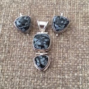 Silver and Harlequin Onyx Earring and Charm set
